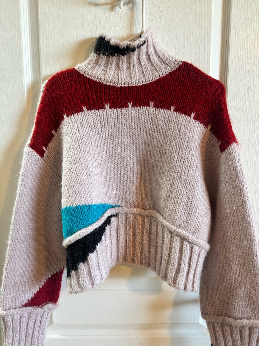 Zara Colorblock Cropped Turtleneck Sweater - Cream, Red, Teal, Black